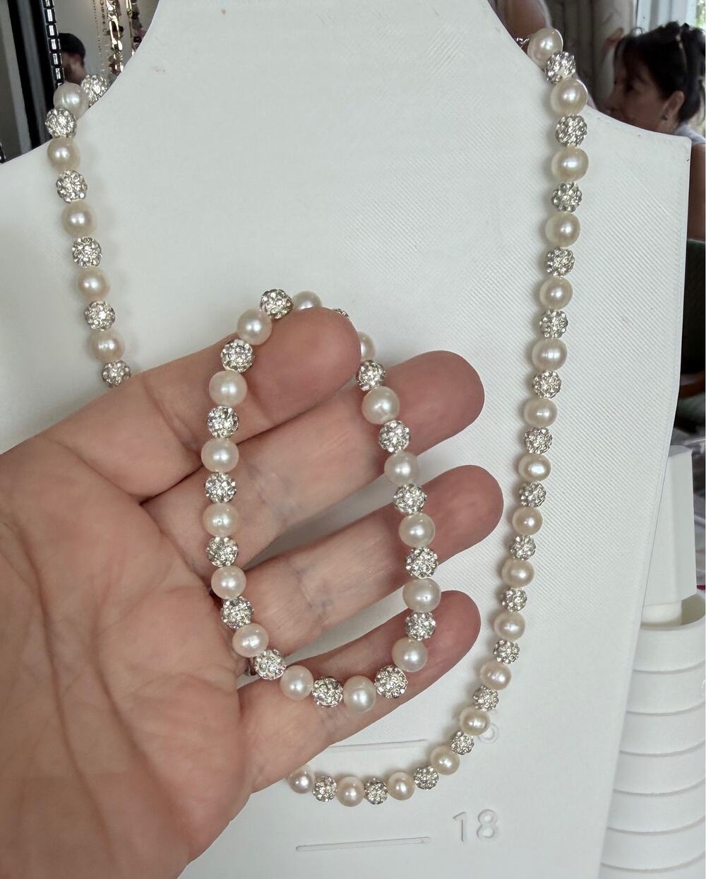 IPS 925 Sterling Pearl Necklace & Bracelet Set Rhinestone Accents